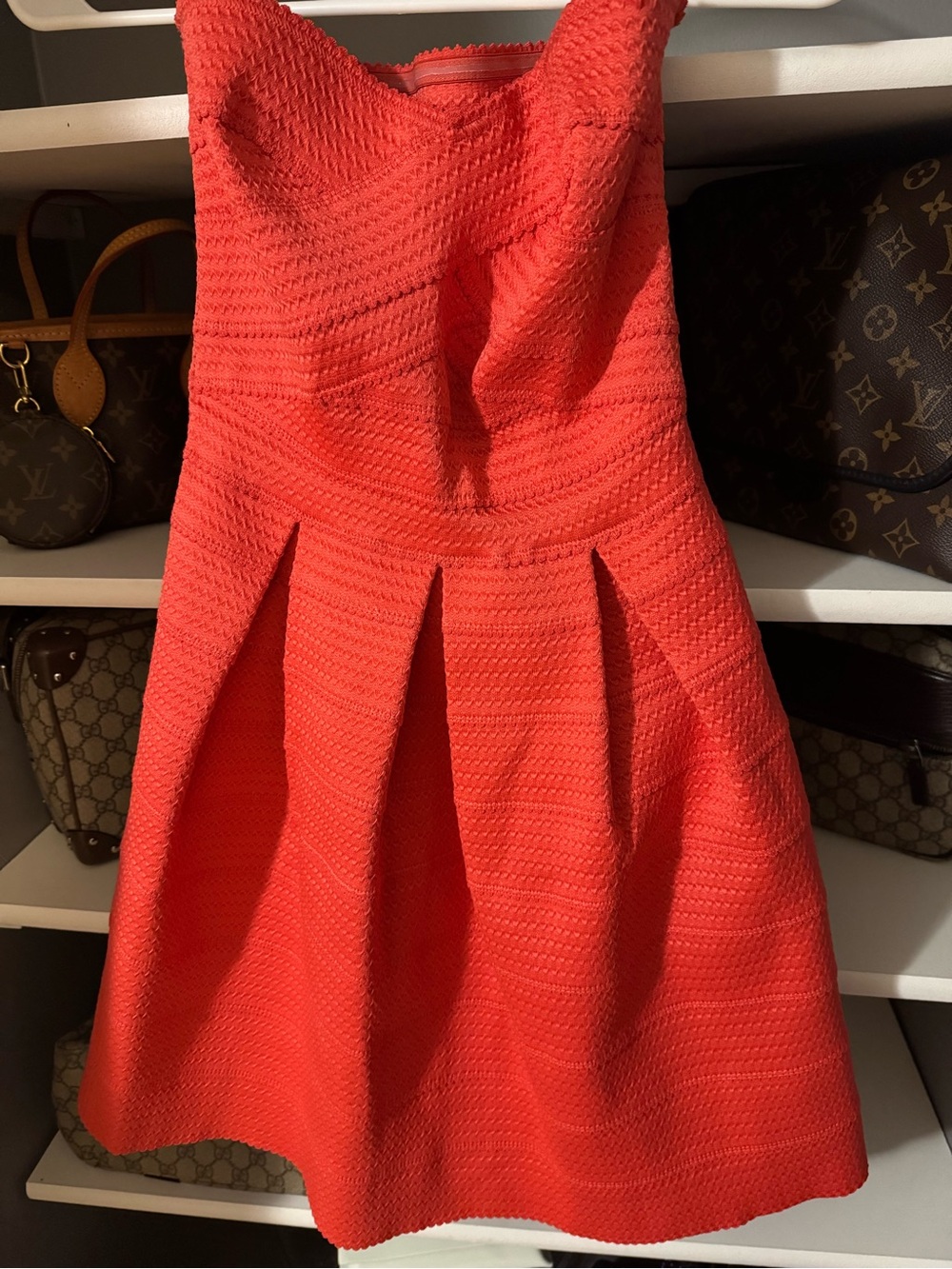 Express Strapless Textured Coral-Red Fit & Flare Dress
